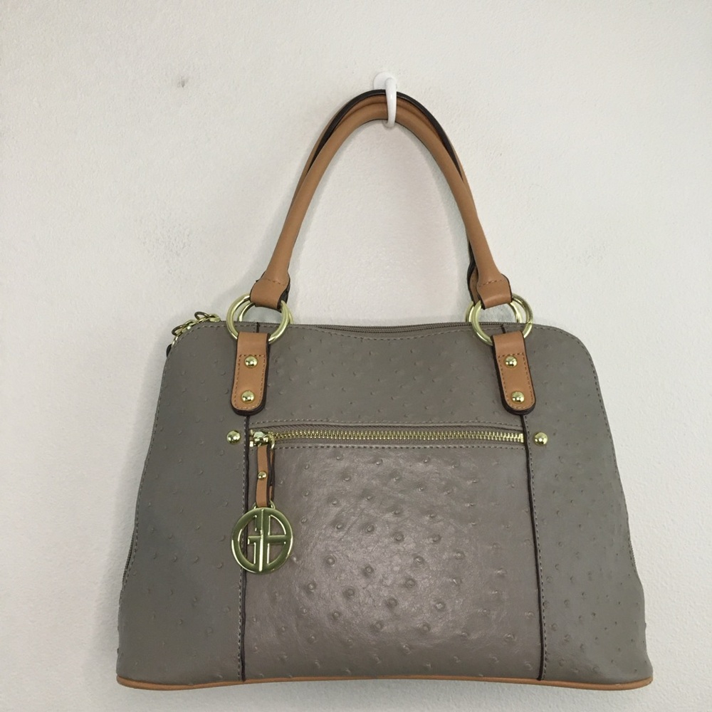 Taupe Ostrich & Tan Faux Leather Handbag